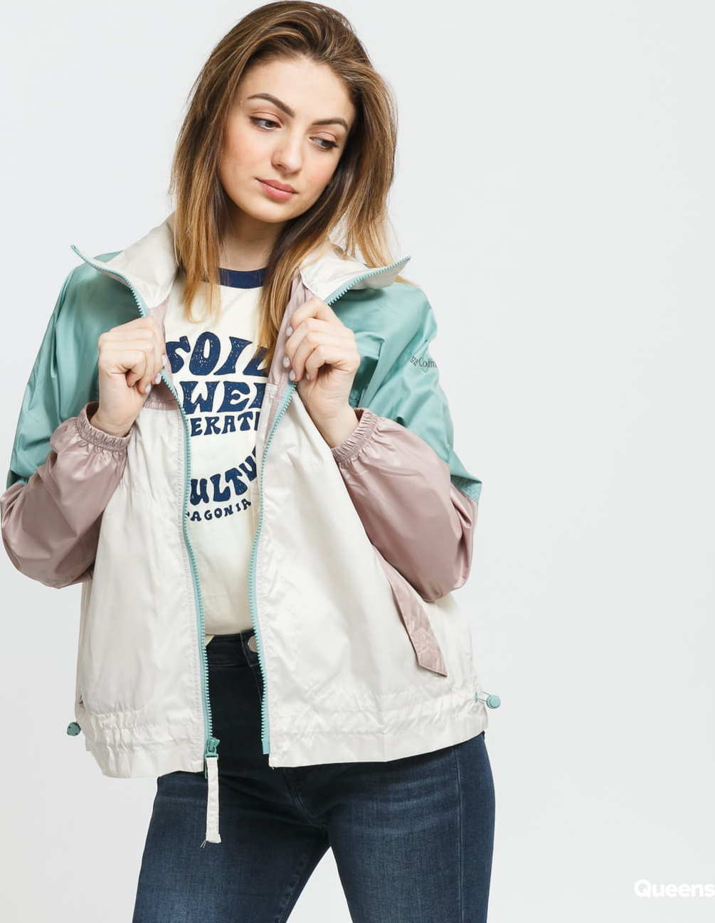 Columbia Windbreaker krémová / světle růžová / zelená L