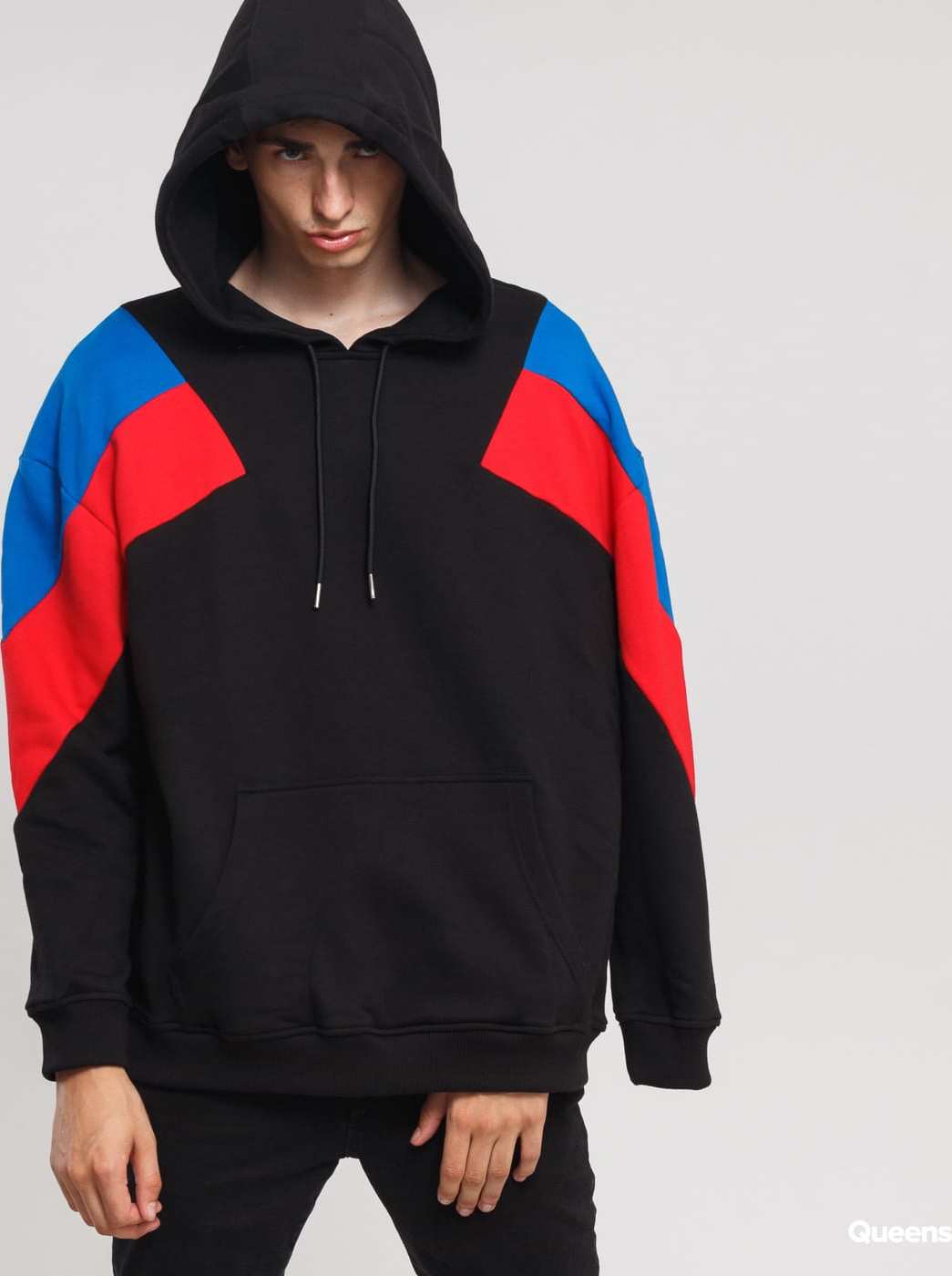 Urban Classics Oversize 3-Tone Hoody černá / modrá / červená XXL