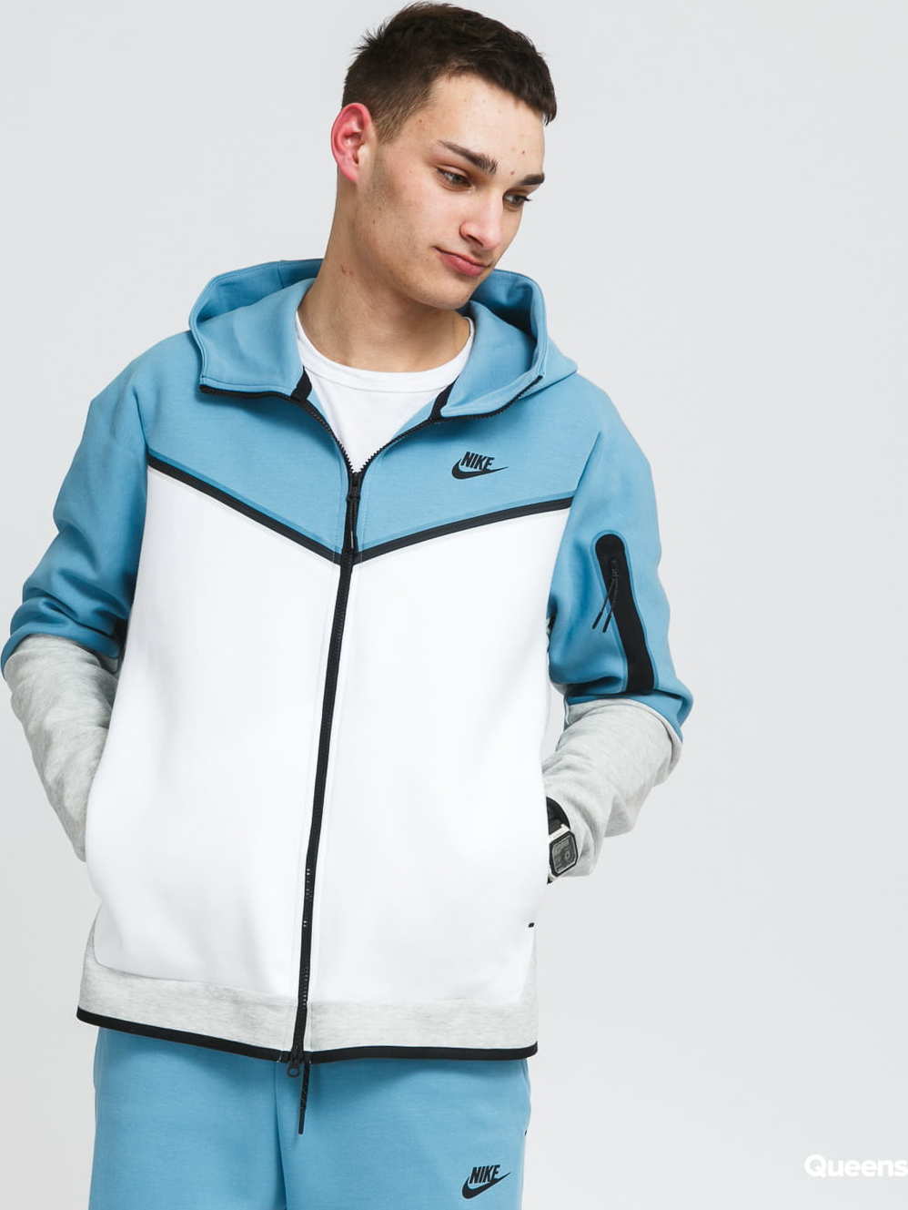 Nike M NSW Tech Fleece Hoodie FZ modrá / bílá / melange šedá XL