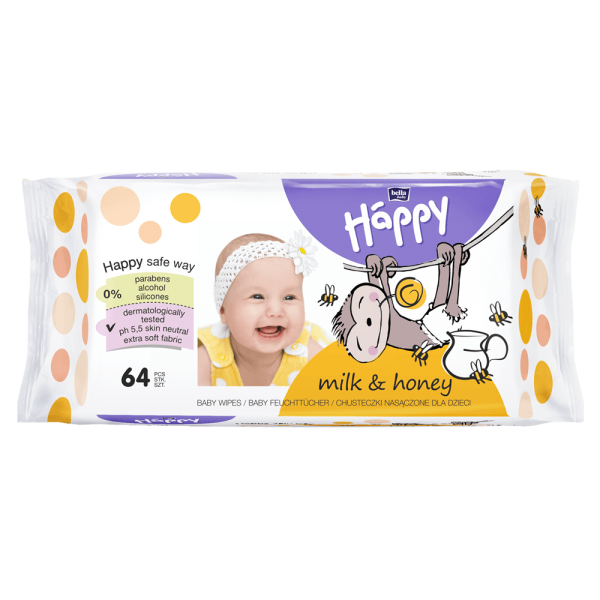 Bella Baby Happy vlhčené ubrousky Mléko & Med 64 ks