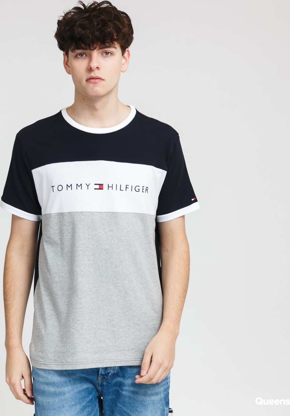 Tommy Hilfiger CN SS Tee Logo Flag melange šedé / bílé / navy S