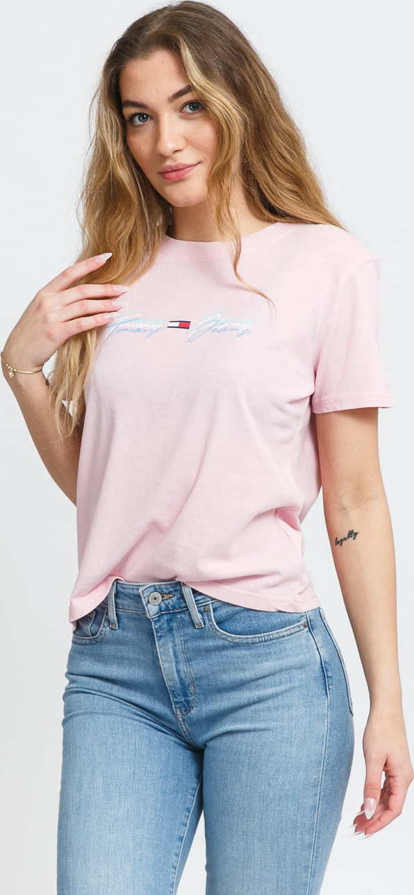 TOMMY JEANS W Linear Logo Tee světle růžové M