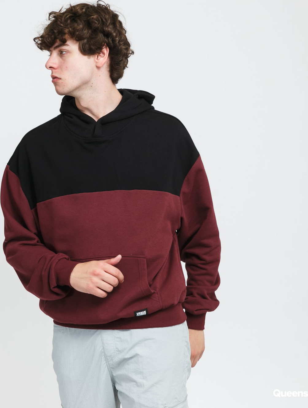 Urban Classics Upper Block Hoody vínová / černá XXL