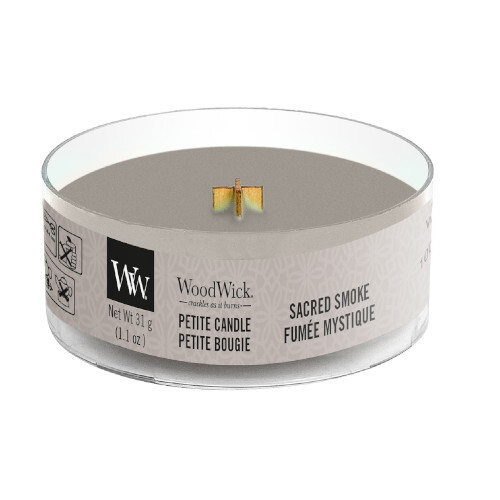 WoodWick Aromatická malá svíčka s dřevěným knotem Sacred Smoke 31 g