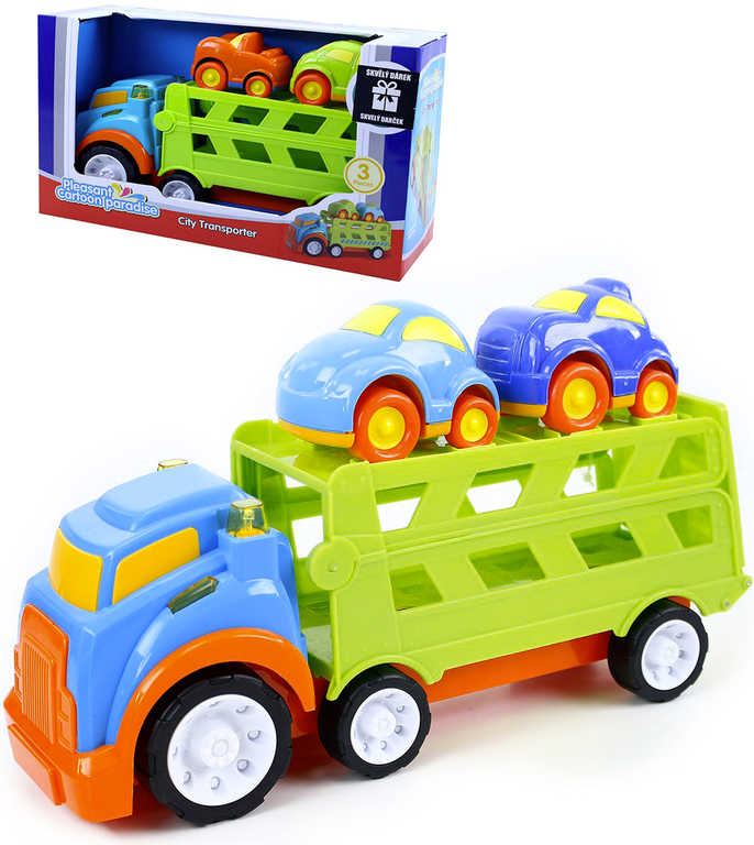 Baby auto nákladní velké 33cm s plošinou set se 2 autíčky na baterie plast Světlo Zvuk