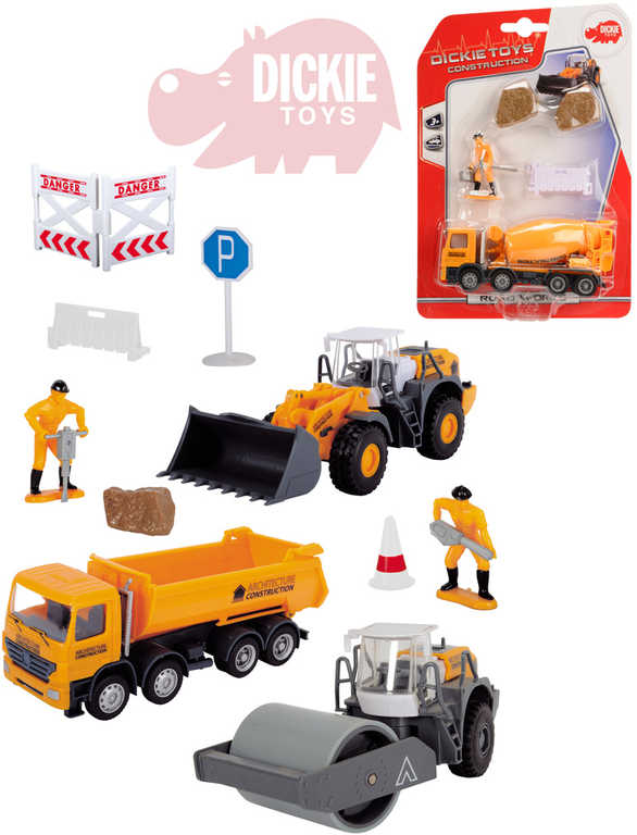 DICKIE Auto stavební 13cm na volnoběh set s doplňky plast 4 druhy