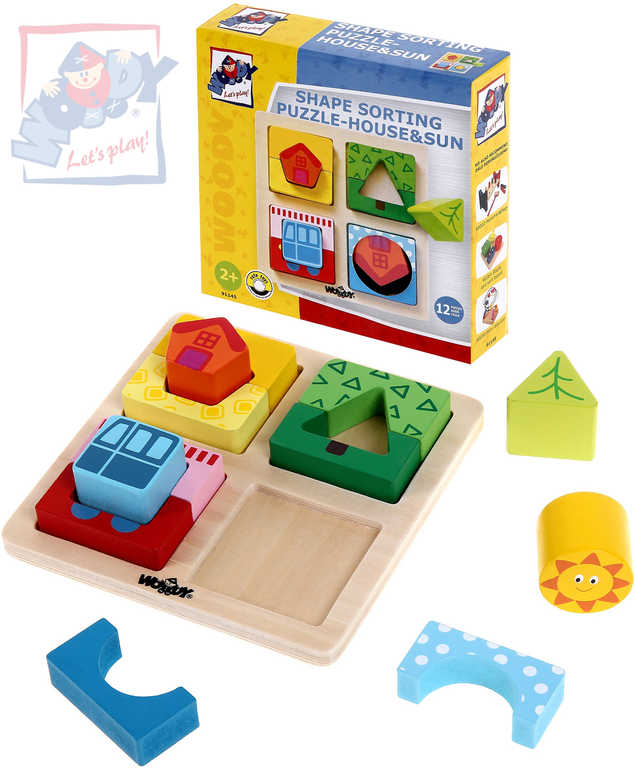 WOODY Destička dřevěná s puzzle tvary Domeček a Sluníčko *DŘEVĚNÉ HRAČKY*