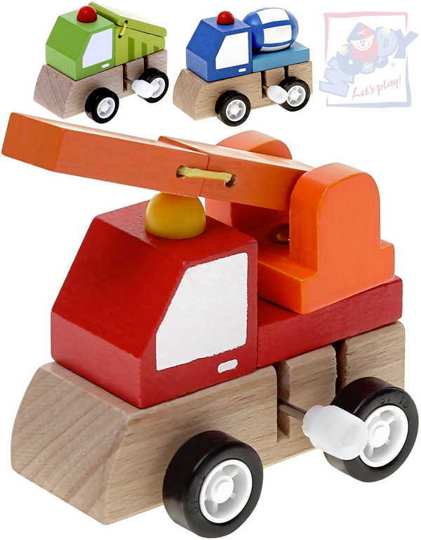 WOODY DŘEVO Autíčko natahovací 7cm stavební 3 druhy *DŘEVĚNÉ HRAČKY*