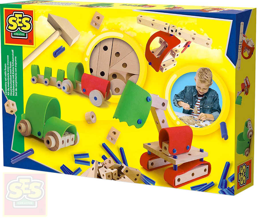 SES CREATIVE DŘEVO Stavebnice montážní vozidla 4v1 set s kladívkem