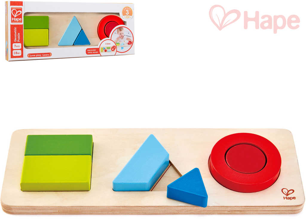 HAPE DŘEVO Baby puzzle vkládací geometrické tvary set 6 dílků oboustranné