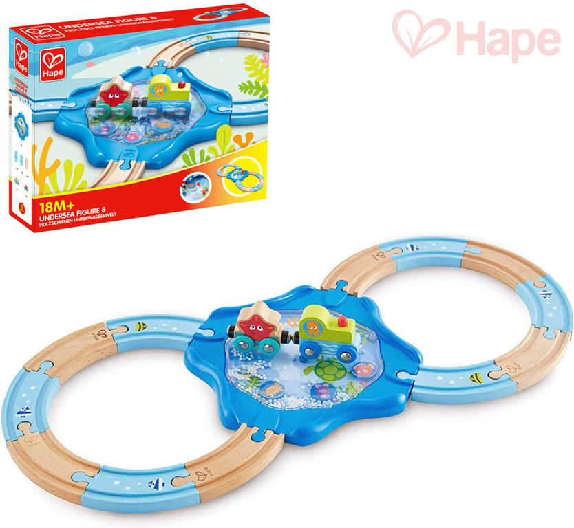 HAPE DŘEVO Baby vláčkodráha moře set mašinka + vagonek s dráhou 15 dílků