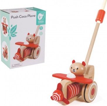 Teddies strkadlo letadlo dřevo 55cm tlačící s tyčkou v krabici 20x28x13cm